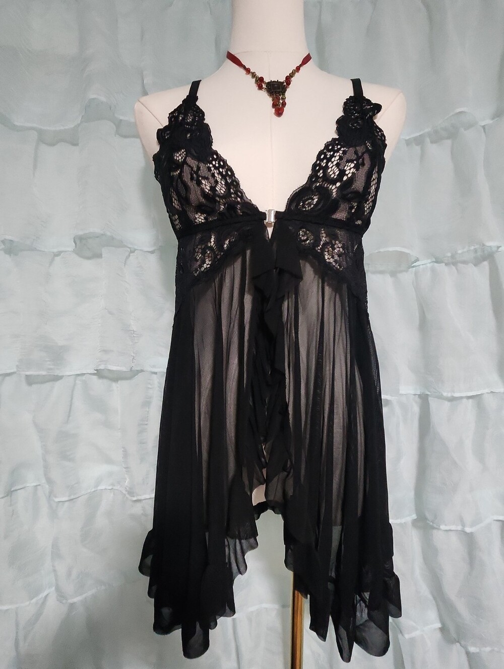Black Lace Chiffon Babydoll Chemise - Women Intimates